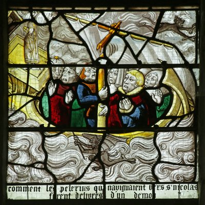 Window depicting St Nicholas appearing and rescuing travellers as their ship sinks by French School